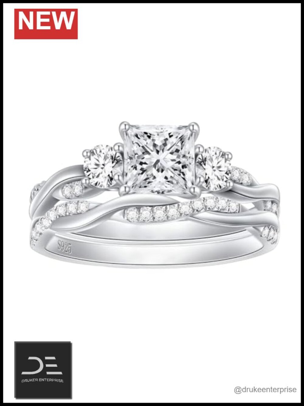 1.5ct Princess Cut Moissanite Bridal Set Platinum Plated Silver Engagement Ring